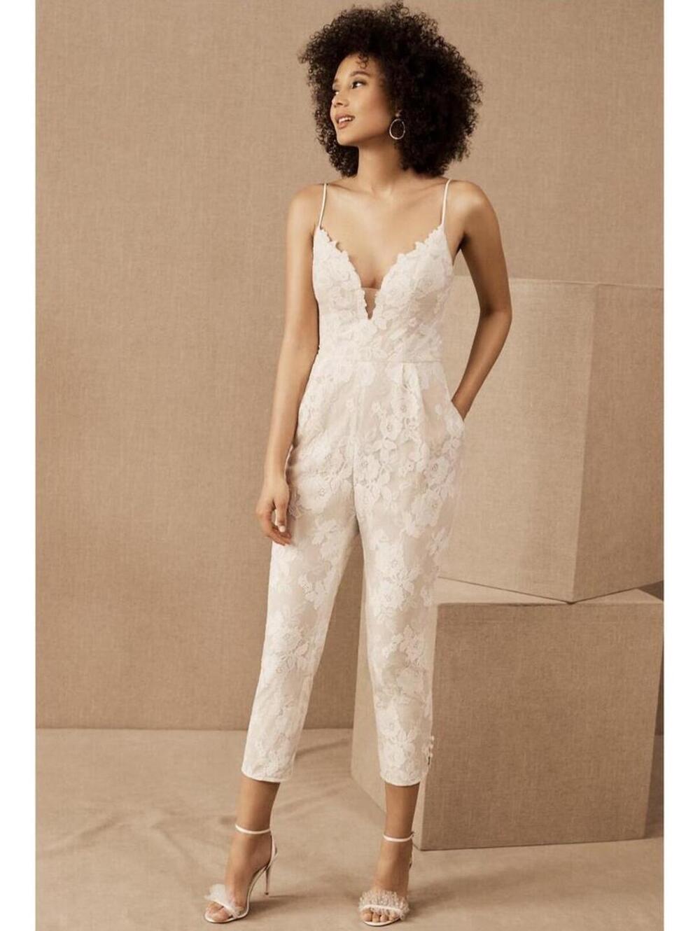 NWT BHLDN Anthropologie Hayley Paige Campbell White Lace Bridal Jumpsuit 6